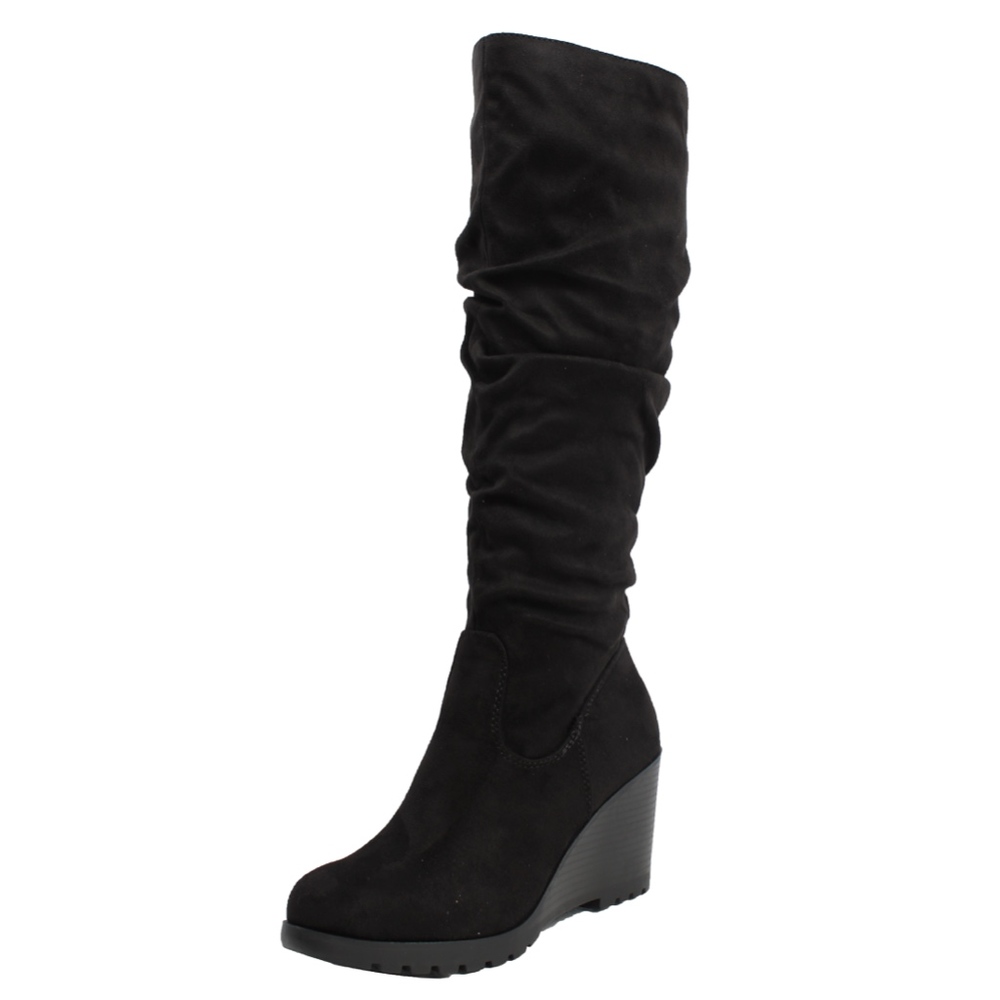 Size 6 Black Faux Suede Slouchy Stacked Wedge Knee - Picture 2 of 6